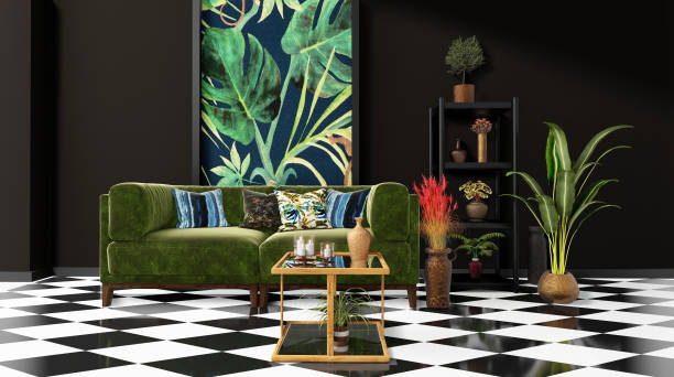 Beautiful Interior design with a jungle printed feature wall, black and white checker tiles and decorative tropical plants